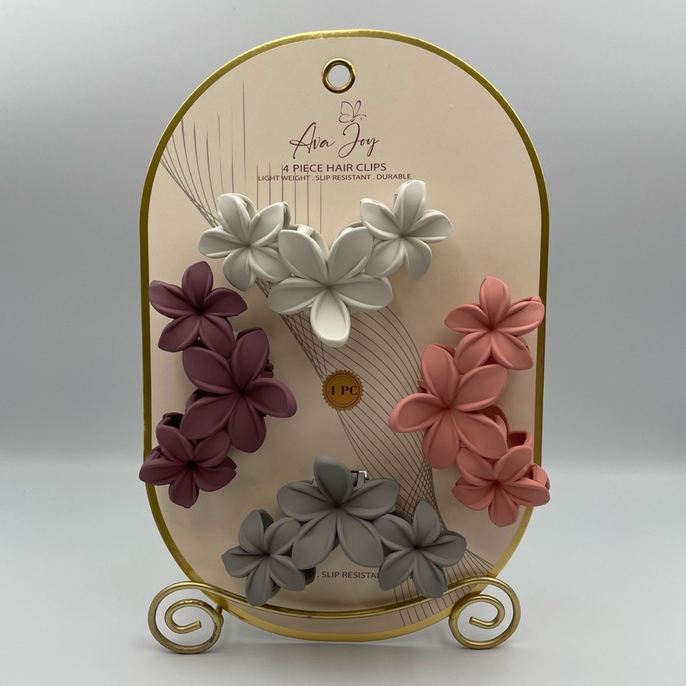 *New* Ava Joy 4 Piece Floral Hair Clips - Bone, Pink/Mauve, Gray, Plum